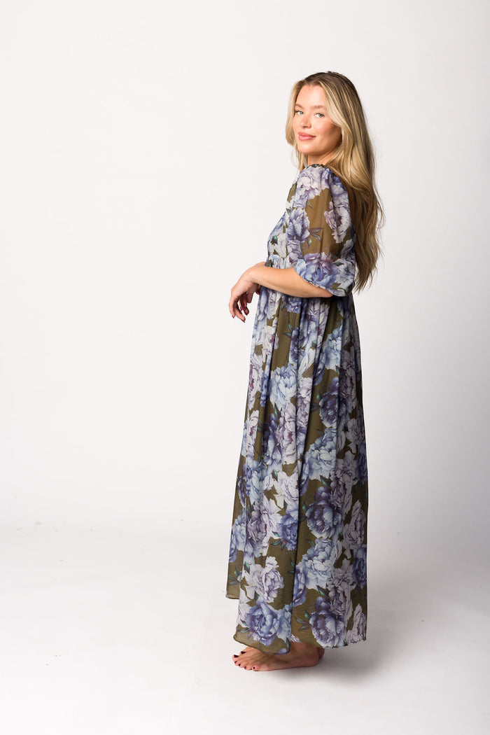 Mona Maxi Dress in Olive/Blue Floral - Bump Friendly