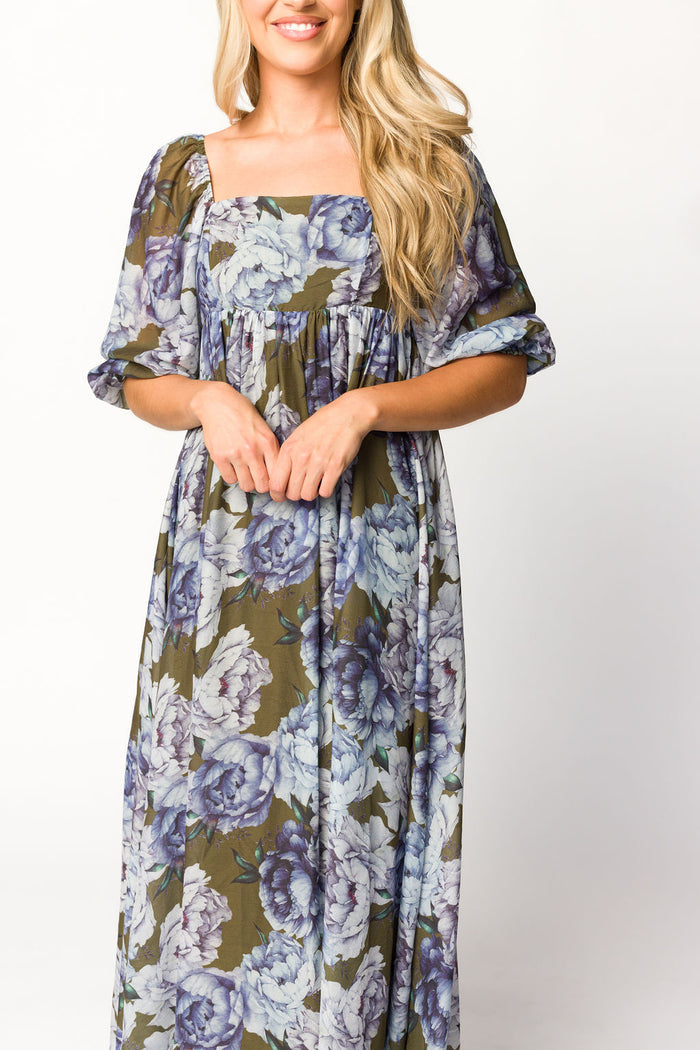 Mona Maxi Dress in Olive/Blue Floral - Bump Friendly