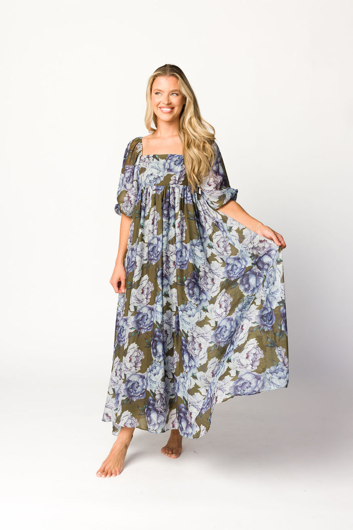 Mona Maxi Dress in Olive/Blue Floral - Bump Friendly
