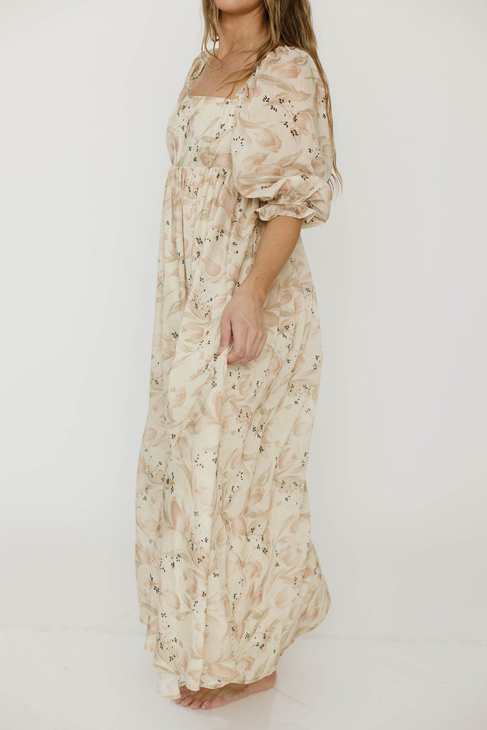 Mona Maxi Dress in Peach & Cream Floral - Bump Friendly (Bust Runs a Bit Small / No Smocking)