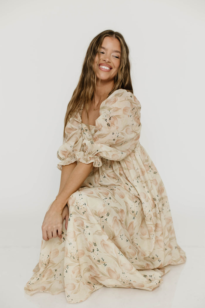 Mona Maxi Dress in Peach & Cream Floral - Bump Friendly (Bust Runs a Bit Small / No Smocking)
