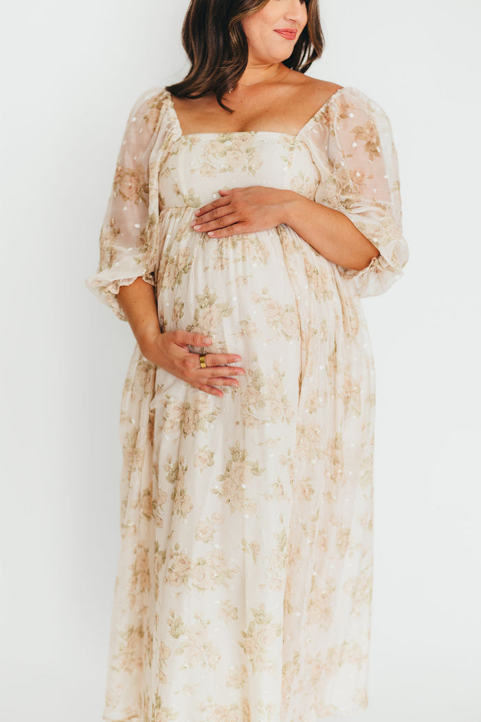 Mona Maxi Dress with Smocking in Cream Floral - Bump Friendly & Inclusive Sizing (S-3XL)