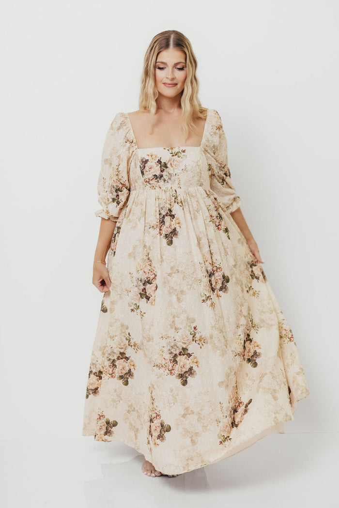 Mona Maxi Dress with Smocking in Cream/Beige Floral - Bump Friendly