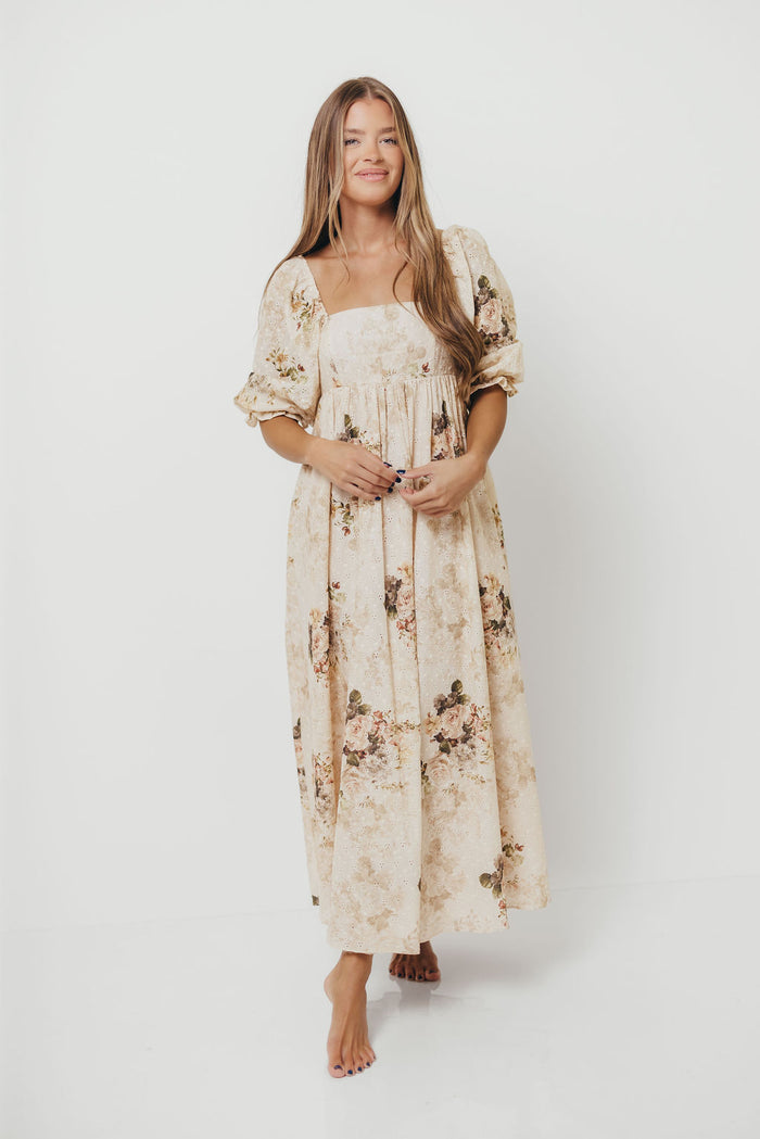 Mona Maxi Dress with Smocking in Cream/Beige Floral - Bump Friendly