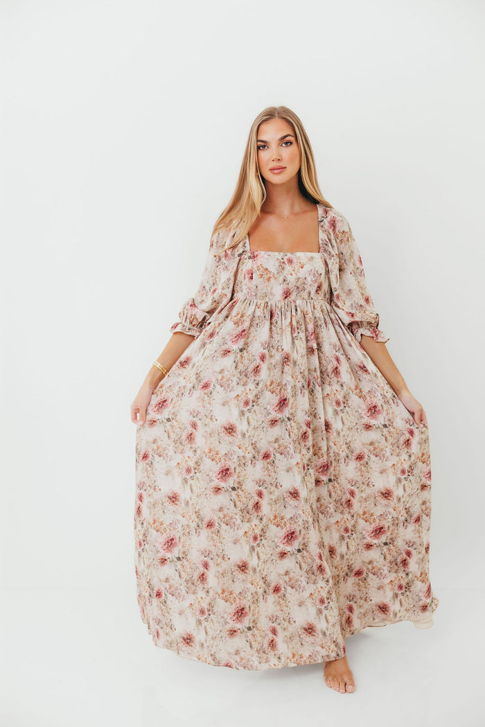 Mona Maxi Dress with Smocking in Pink/Beige Multi Floral - Bump Friendly *9/29 PRE-ORDER*