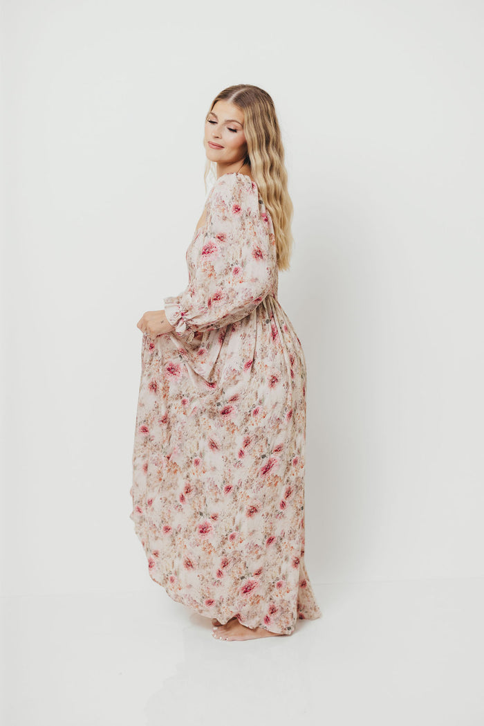 Mona Maxi Dress with Smocking in Pink/Beige Multi Floral - Bump Friendly *9/29 PRE-ORDER*