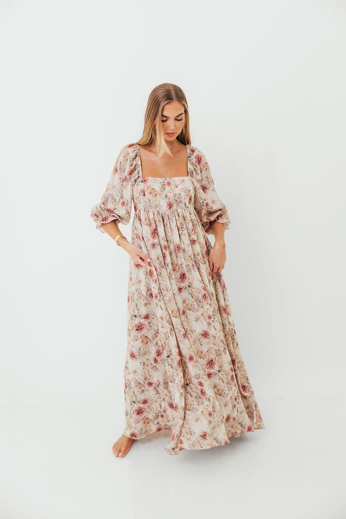 Mona Maxi Dress with Smocking in Pink/Beige Multi Floral - Bump Friendly *9/29 PRE-ORDER*