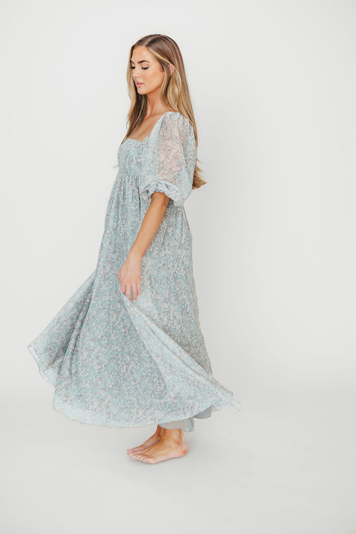 Mona Maxi Dress with Smocking in Sage Green Floral - Bump Friendly