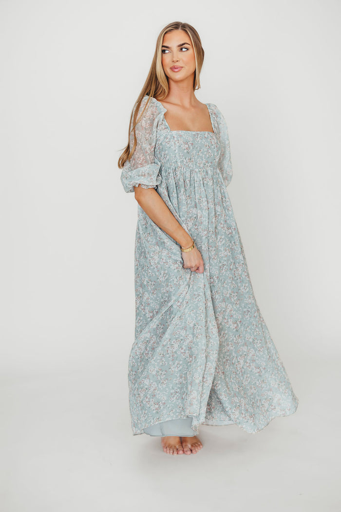 Mona Maxi Dress with Smocking in Sage Green Floral - Bump Friendly