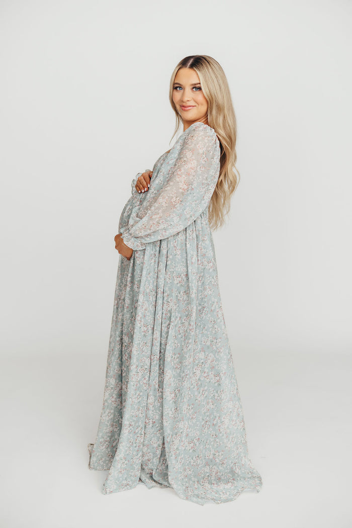 Mona Maxi Dress with Smocking in Sage Green Floral - Bump Friendly