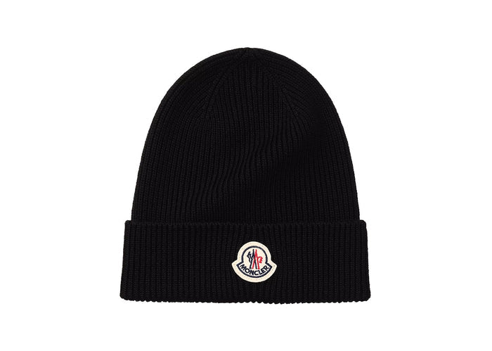 Moncler Wool Ribbed Knit Logo Beanie black