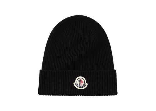 Moncler Wool Ribbed Knit Logo Beanie black
