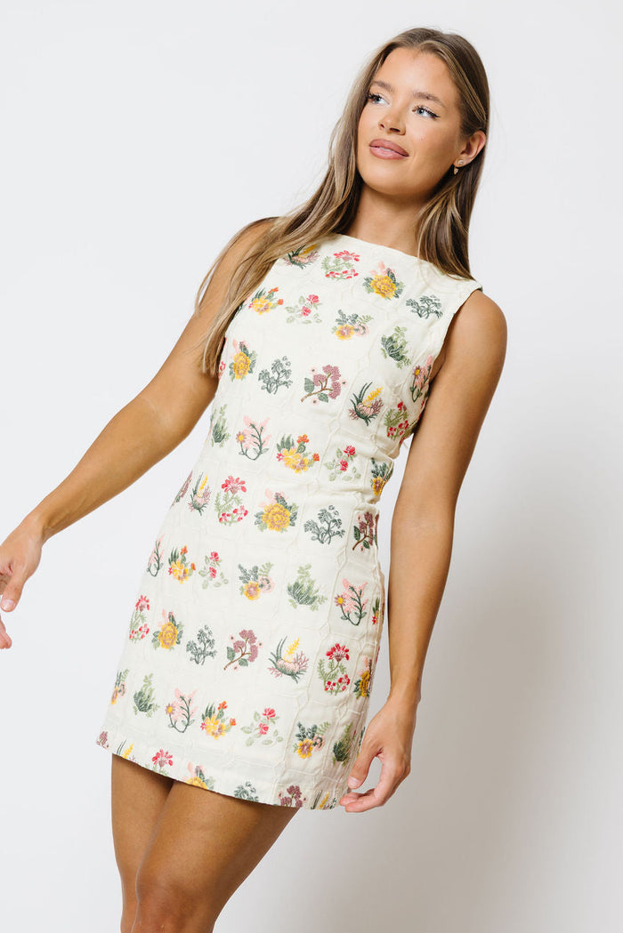 Monique Embroidered Flower Grid Mini Dress in Cream