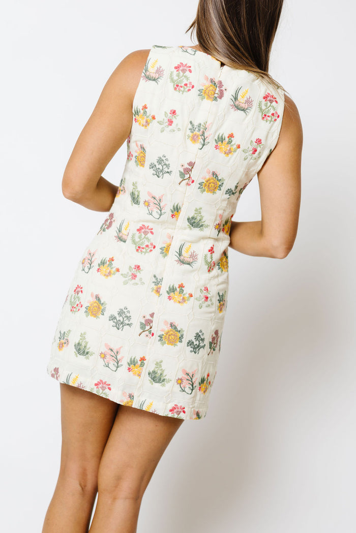 Monique Embroidered Flower Grid Mini Dress in Cream