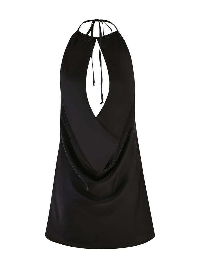 A black top featuring a halter neck with a keyhole cutout design in the front and a tie closure at the back of the neck. The top, crafted by TIGERMIST and mirroring the draped style of the MONROE DRESS - BLACK, boasts a loose, flowing fit.