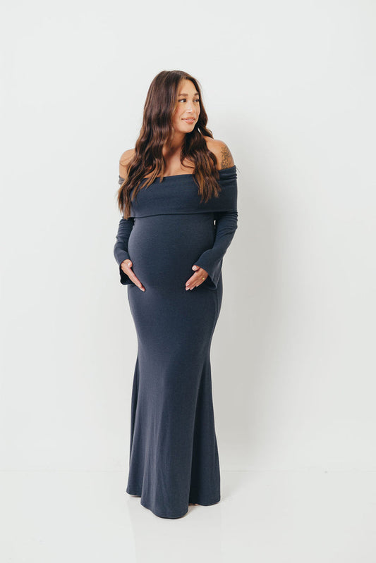 Monroe Maxi Dress with Long Sleeves in Dusty Navy- Bump Friendly
