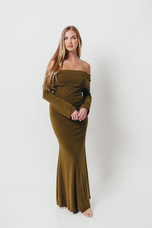 Monroe Maxi Dress with Long Sleeves in Olive Green- Bump Friendly *Final Sale*