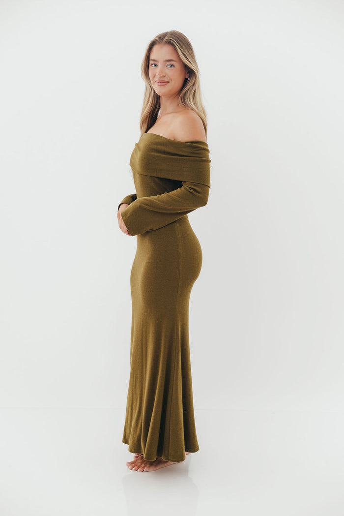 Monroe Maxi Dress with Long Sleeves in Olive Green- Bump Friendly *Final Sale*