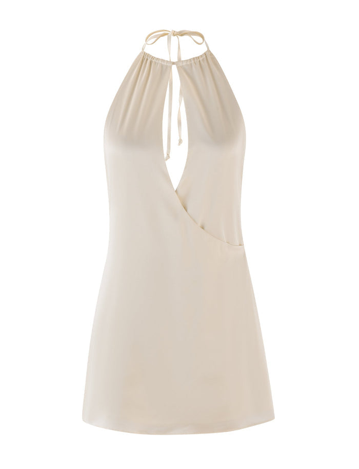 The Monroe Mini Dress in cream by Tigermist showcases a halter neckline with a keyhole front detail and a wrap-style design. It fastens with a tie at the back, delivering an elegant and summery look similar to that of the Monroe Mini Dress style.