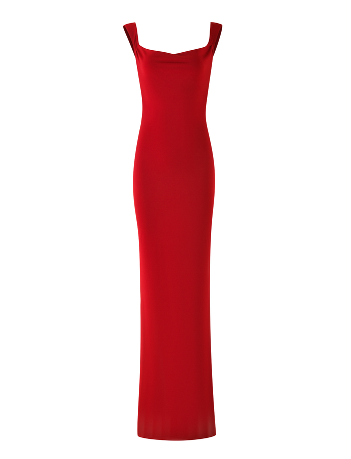 The TIGERMIST MORANA MAXI DRESS - RED features a floor-length, sleeveless bodycon fit with wide shoulder straps, shown on a white background.