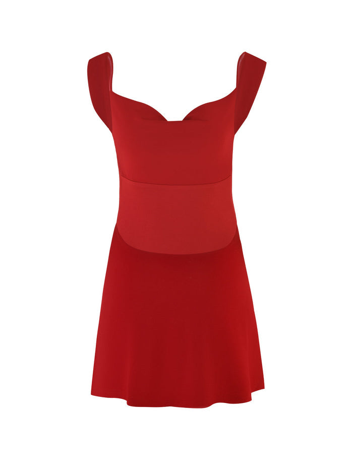 Introducing the TIGERMIST Morana Mini Dress in Cherry Red: a sleeveless delight featuring a vibrant red hue, sweetheart neckline, and flared skirt. Its elegantly fitted waist and simple design make it an ideal choice for formal or semi-formal occasions, with the plain white background emphasizing its striking mini silhouette.