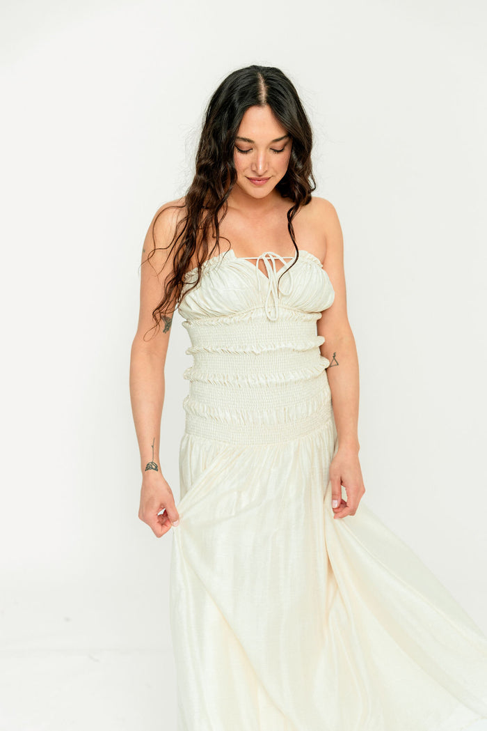 Myra Strapless Smocked Bodice Tube Maxi Dress in Cream *Final Sale*