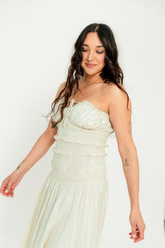Myra Strapless Smocked Bodice Tube Maxi Dress in Cream *Final Sale*