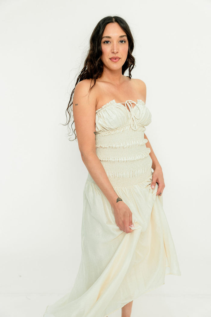 Myra Strapless Smocked Bodice Tube Maxi Dress in Cream *Final Sale*