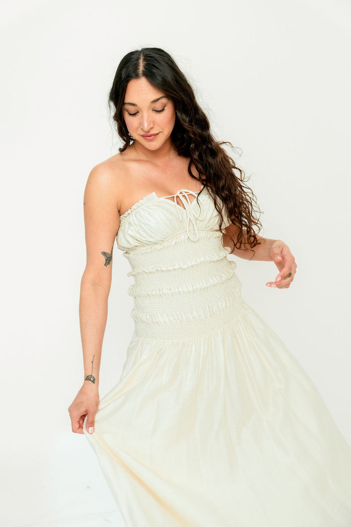 Myra Strapless Smocked Bodice Tube Maxi Dress in Cream *Final Sale*