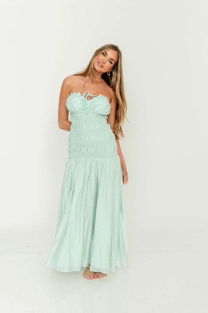 Myra Strapless Smocked Bodice Tube Maxi Dress in Light Mint *Final Sale*