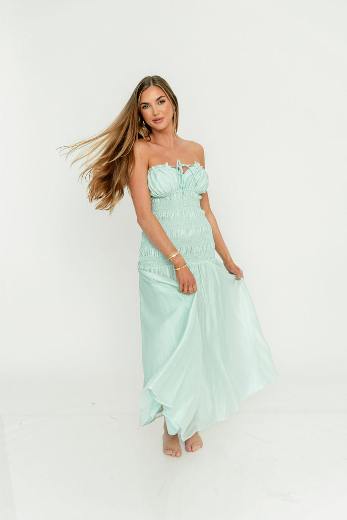 Myra Strapless Smocked Bodice Tube Maxi Dress in Light Mint *Final Sale*