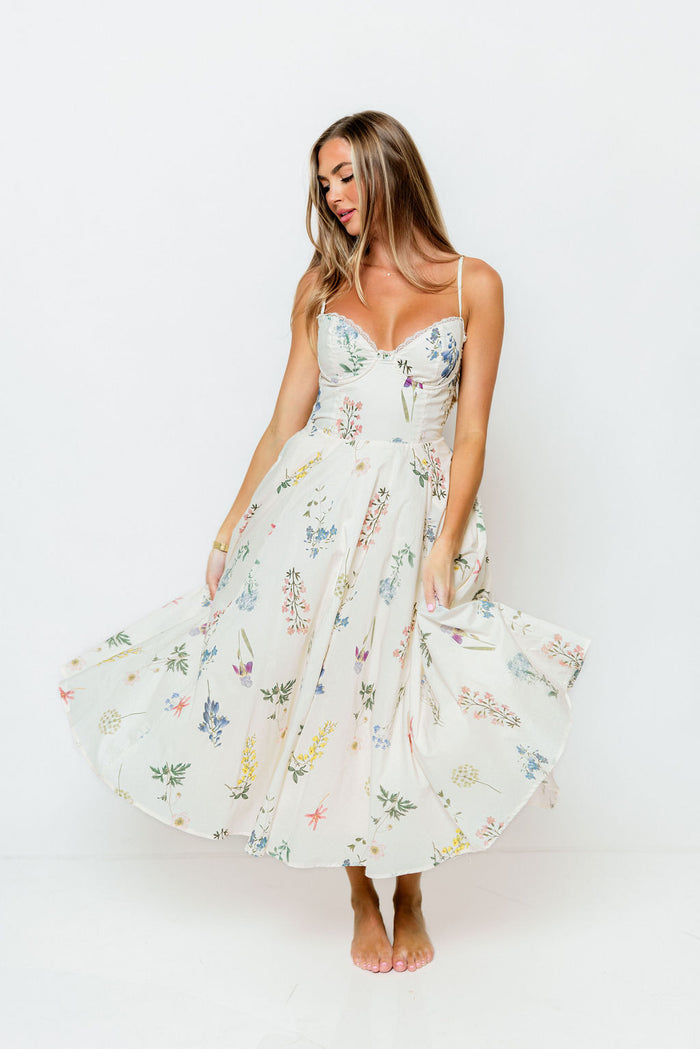Nadine Floral Strappy Bustier Midi Dress in Cream