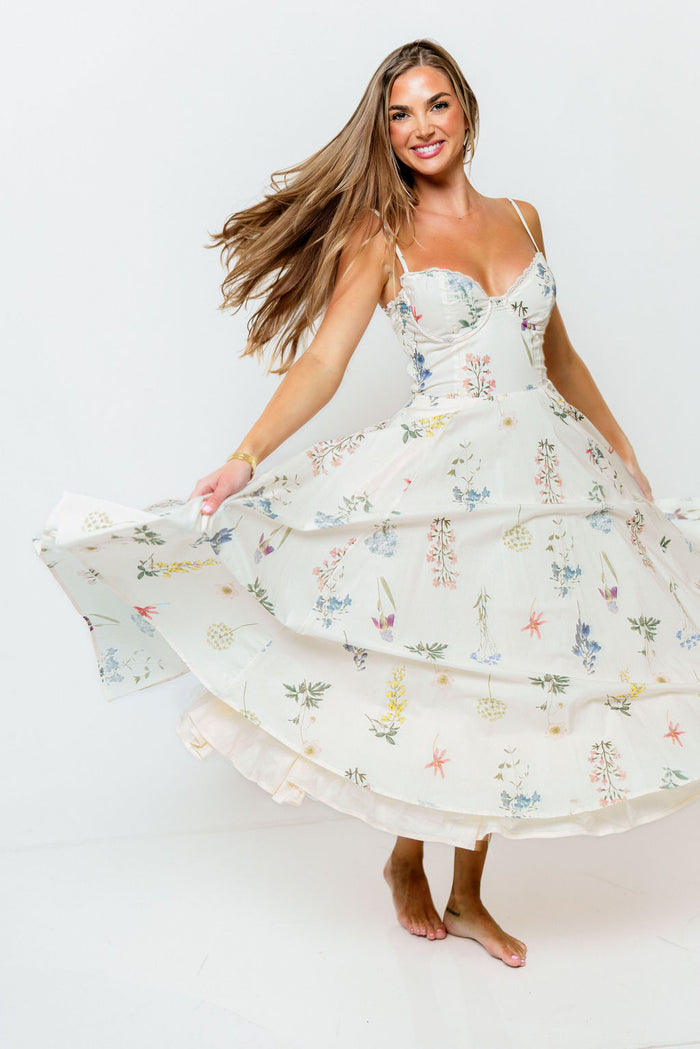 Nadine Floral Strappy Bustier Midi Dress in Cream