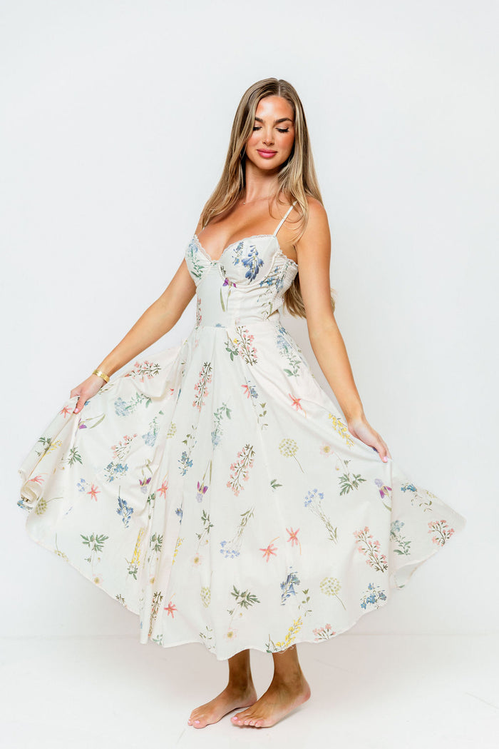 Nadine Floral Strappy Bustier Midi Dress in Cream