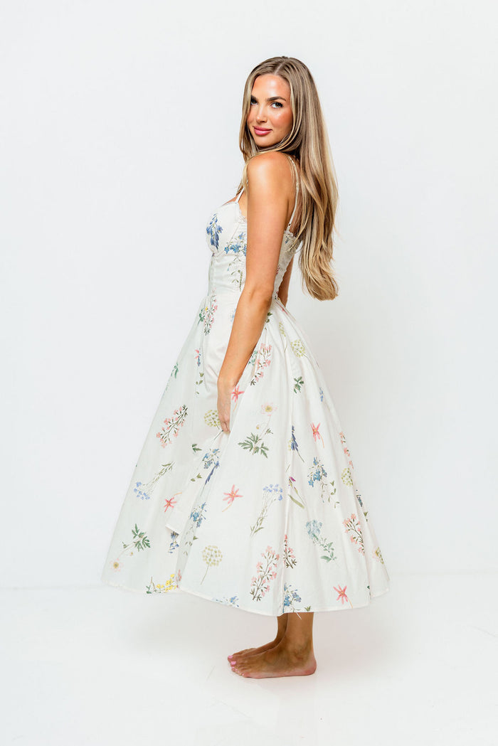 Nadine Floral Strappy Bustier Midi Dress in Cream