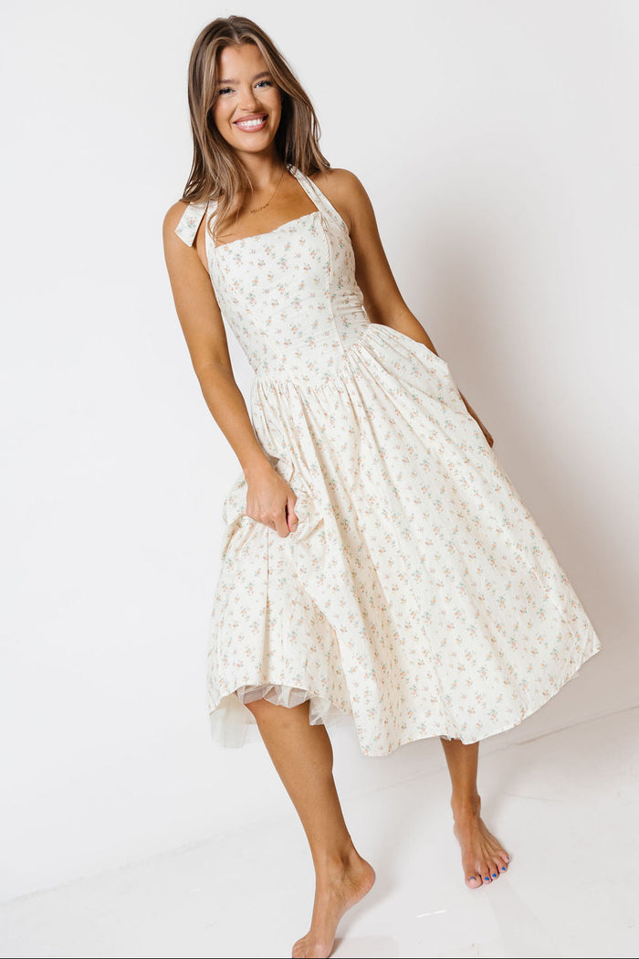 Nala Voluminous Halter Midi Dress in Cream Multi