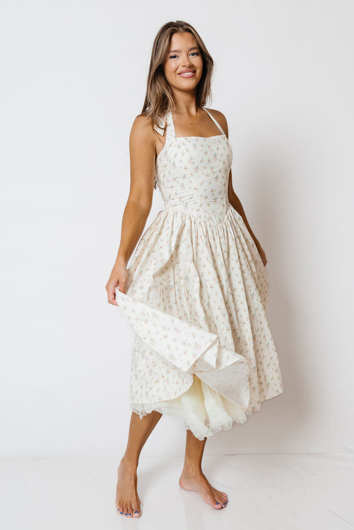 Nala Voluminous Halter Midi Dress in Cream Multi