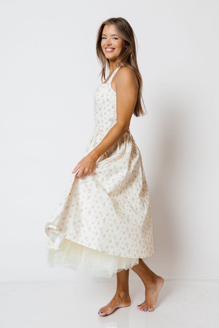 Nala Voluminous Halter Midi Dress in Cream Multi