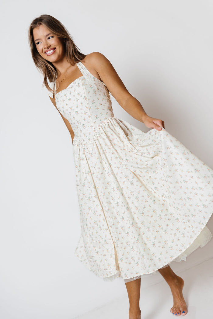 Nala Voluminous Halter Midi Dress in Cream Multi