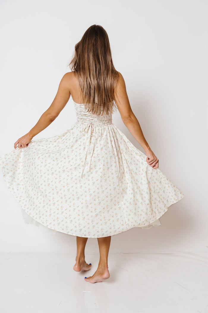 Nala Voluminous Halter Midi Dress in Cream Multi