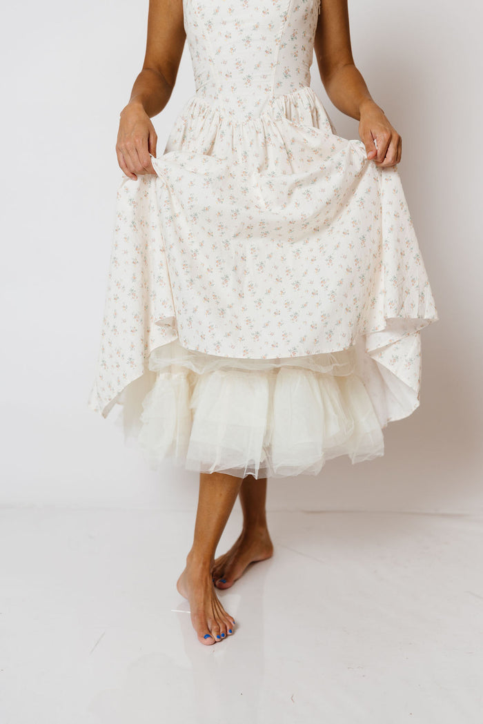 Nala Voluminous Halter Midi Dress in Cream Multi