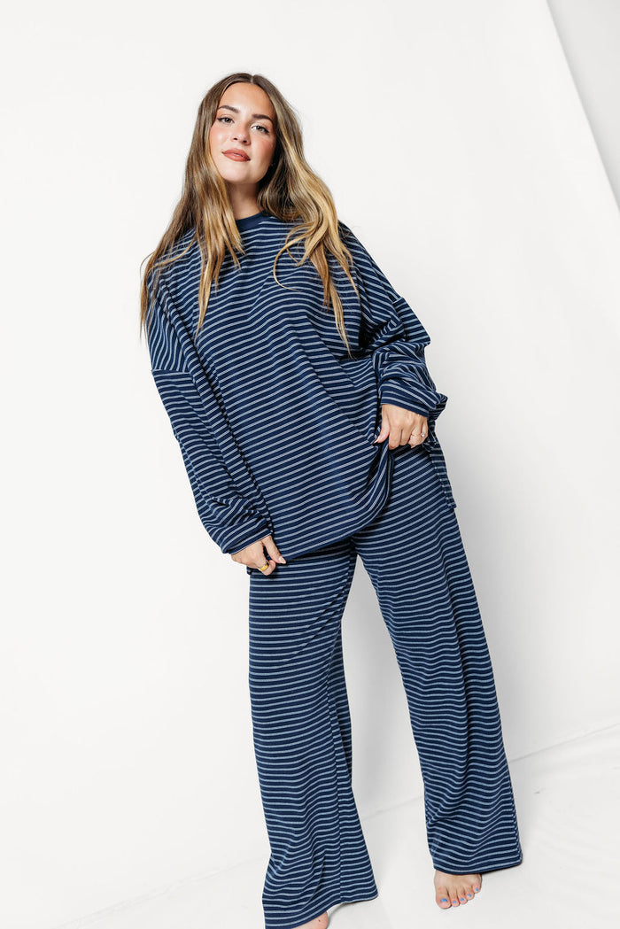 Naomi Double Stripe Oversized Fleece Long Sleeve Top in Navy/Ivory