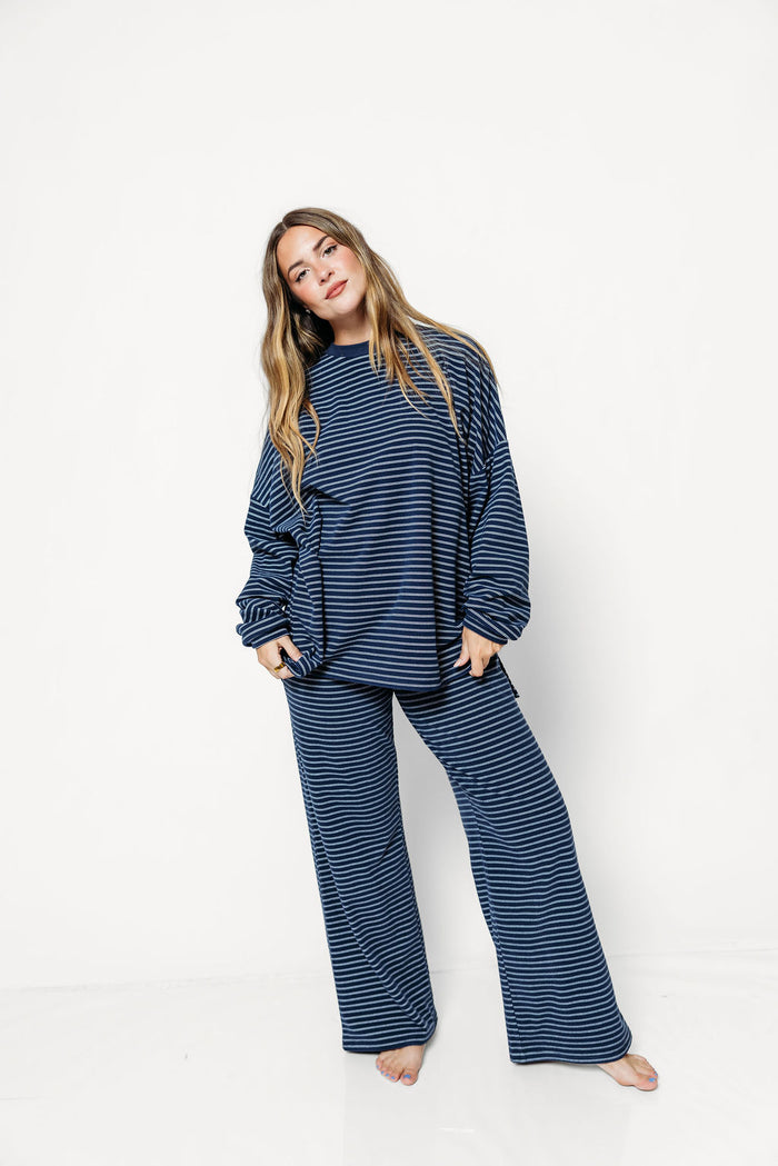 Naomi Double Stripe Oversized Fleece Long Sleeve Top in Navy/Ivory
