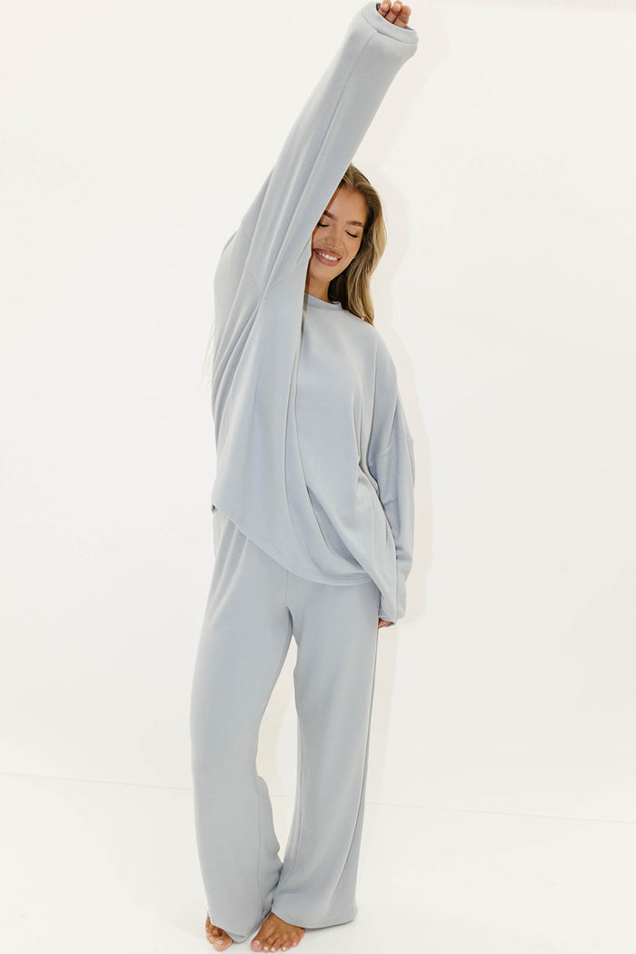 Naomi Fleece Oversized Long Sleeve Top in Dusty Blue - Bump Friendly