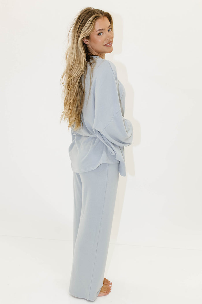 Naomi Fleece Oversized Long Sleeve Top in Dusty Blue - Bump Friendly