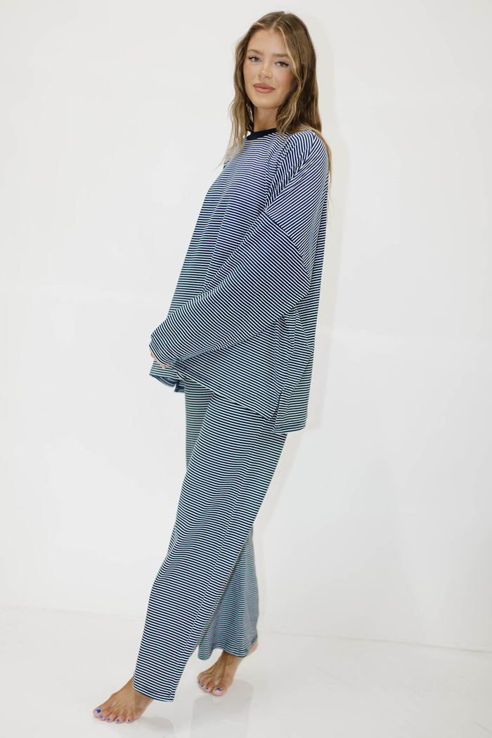 Naomi Mini Breton Striped Oversized Long Sleeve Top in Navy