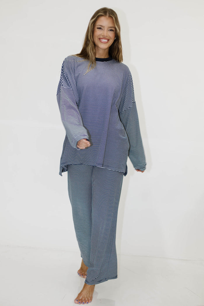 Naomi Mini Breton Striped Oversized Long Sleeve Top in Navy