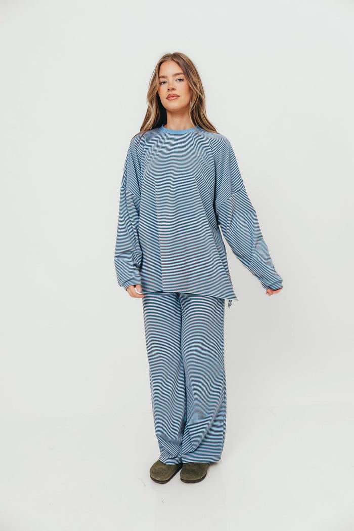 Naomi Mini Stripe Fleece Oversized Long Sleeve Top in Blue/Brown - Bump Friendly