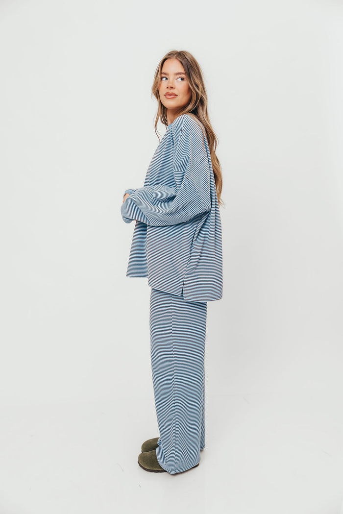 Naomi Mini Stripe Fleece Oversized Long Sleeve Top in Blue/Brown - Bump Friendly