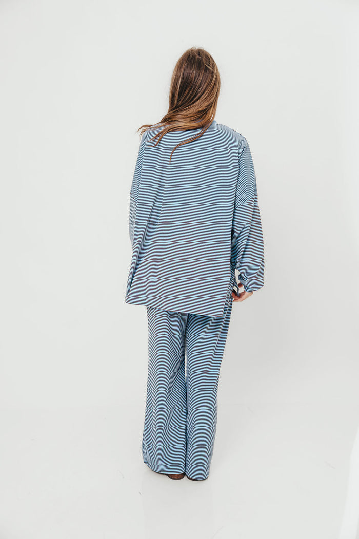 Naomi Mini Stripe Fleece Oversized Long Sleeve Top in Blue/Brown - Bump Friendly